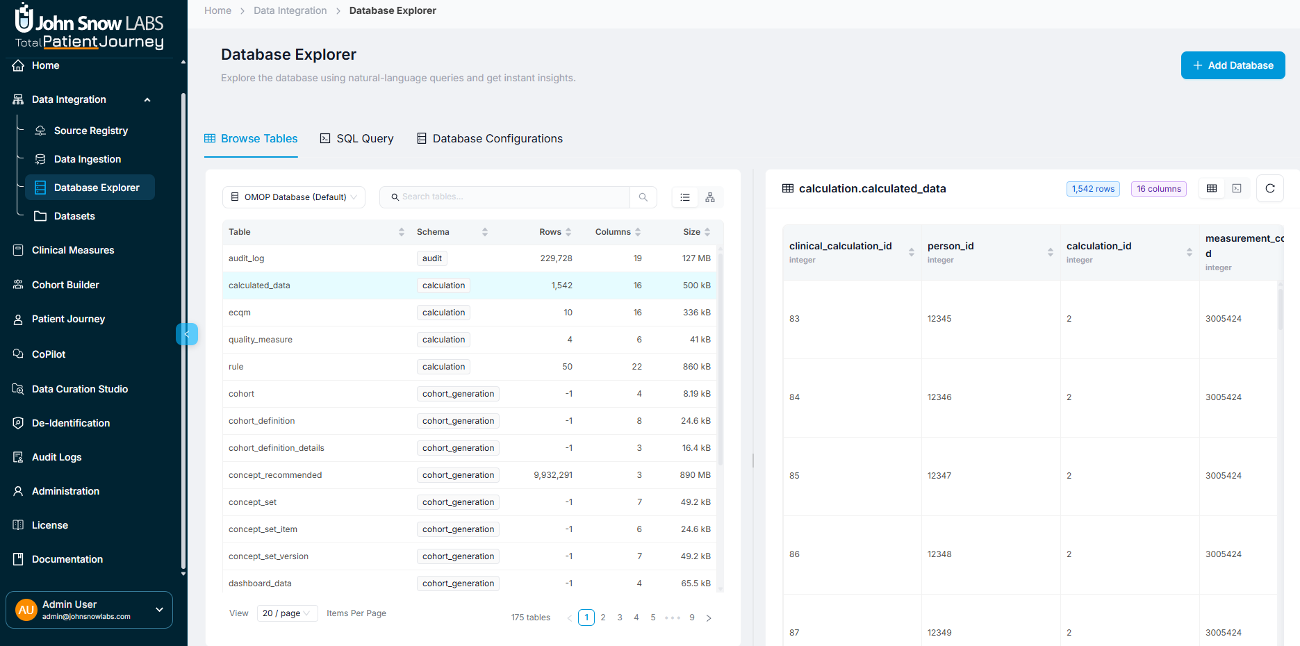 Database Explorer List View showing table cards with metadata including row counts, column counts, and table sizes