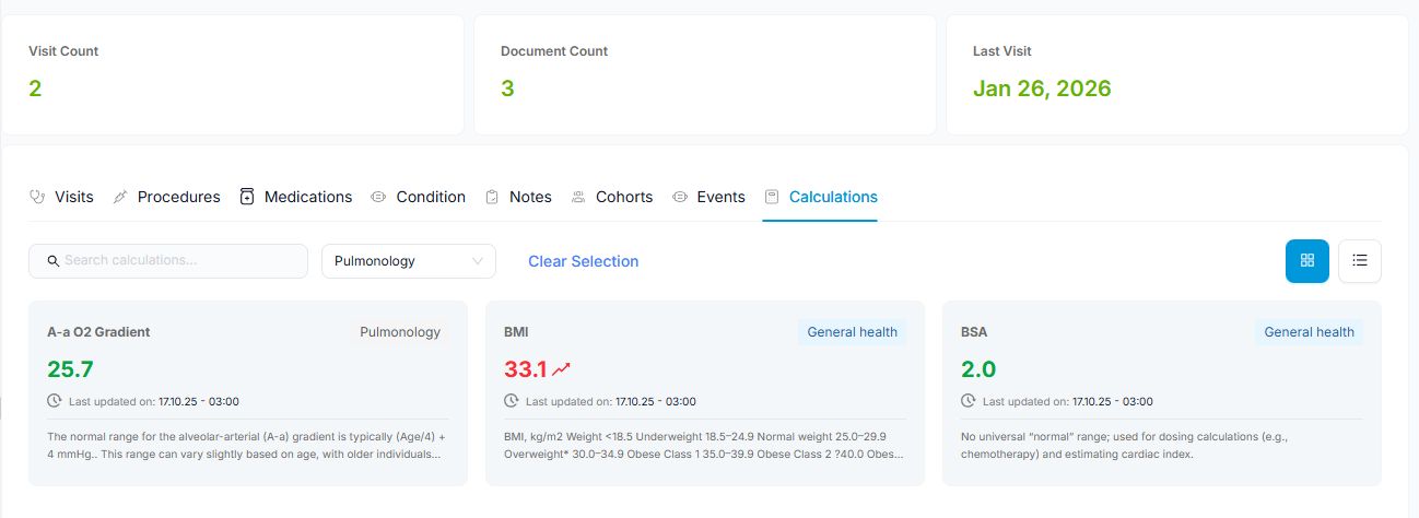 Calculations section showing clinically derived scores, AI predictions, and risk assessments with category filtering and search functionality