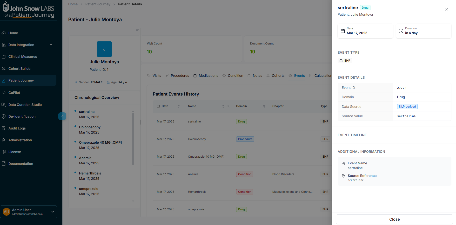 Clinical events filtering interface showing event type and domain filters with Past Events toggle