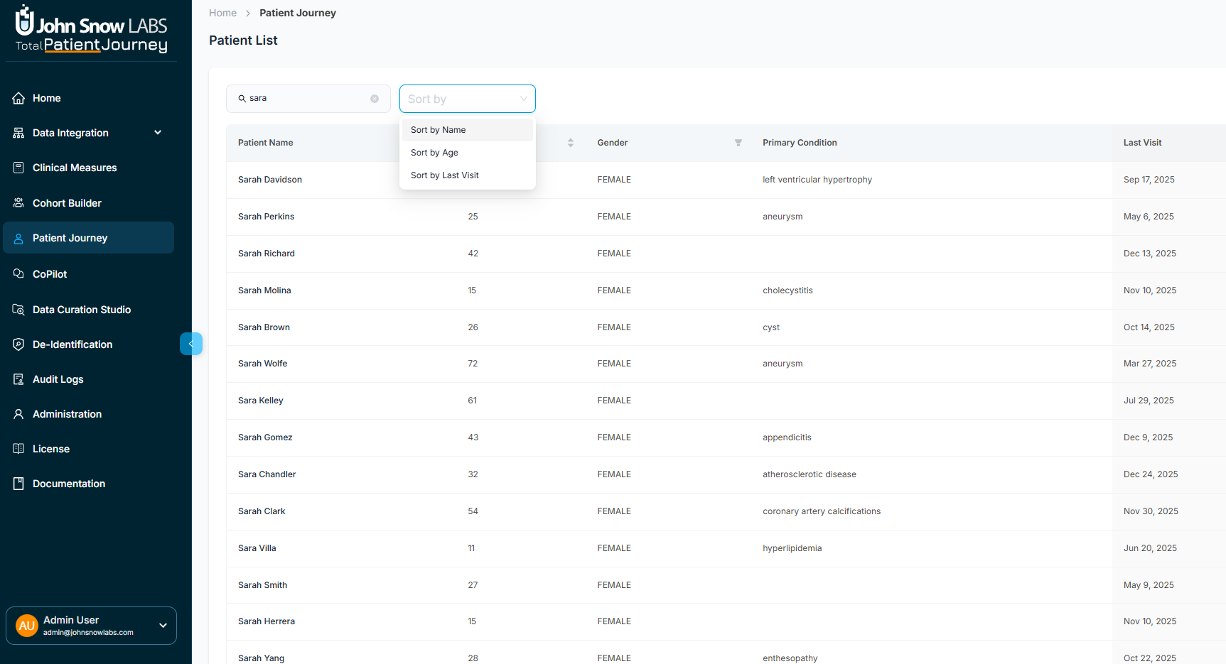 Patient List interface showing search, sort, and filtering capabilities with patient records