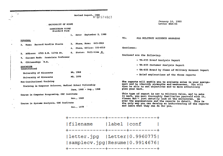 Text extraction and OCR in Spark OCR 3.0: model recognizes documents as letter and resume.