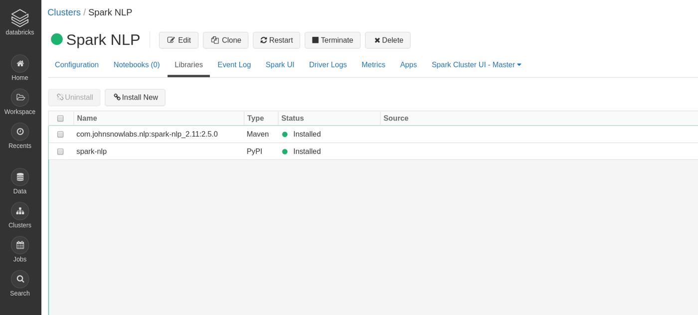 Screenshot of setting up Spark NLP cluster on Databricks.