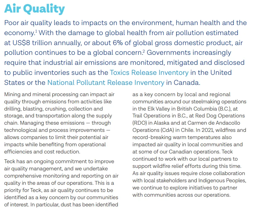 Example from TECK Responsibility Report, Air Quality, 2021.