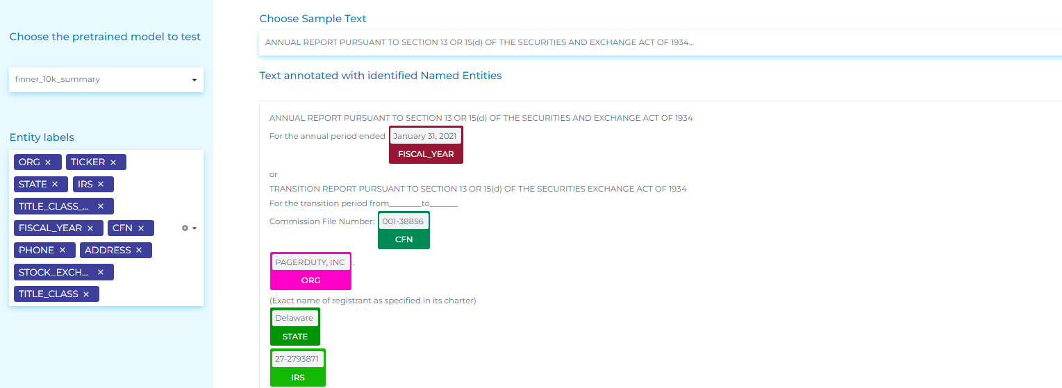 NLP for finance can extract Company Name, Trading symbols, Stock markets, Addresses, Phones, Stock types and values, IRS, CFN, etc. from the first page of 10-K filings.