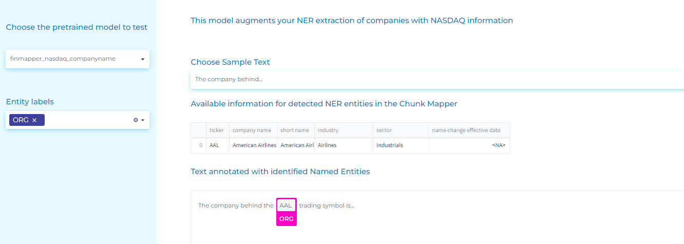 Finance NLP model augments NER with information from external sources.