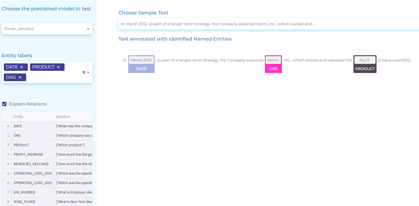 Text annotation and named entity recognition with NLP models in financial texts.