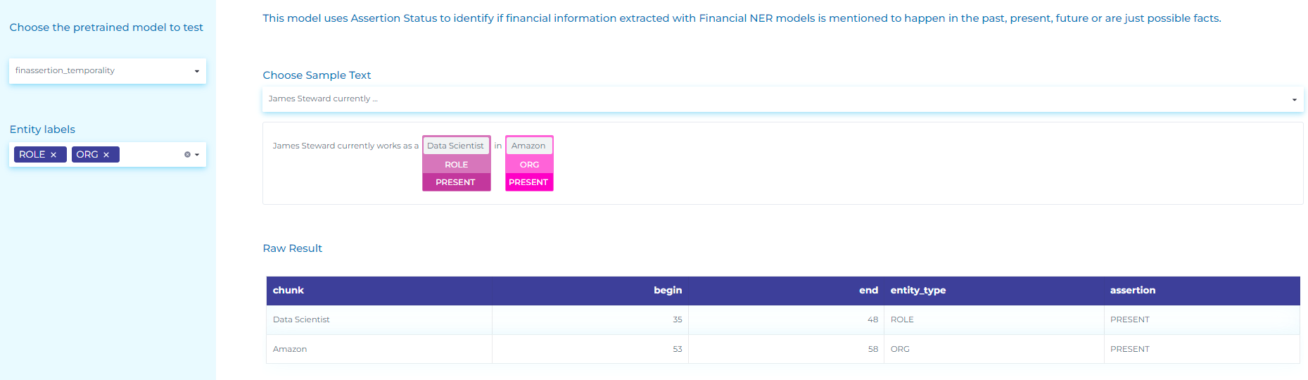 Identifying Assertion Status in finance NLP: If financial information is described to happen in present, past, future or it’s just possible.