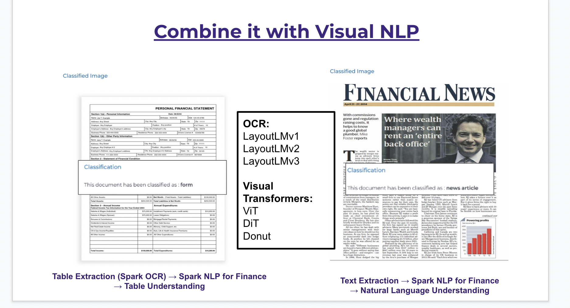 Finance NLP with Visual NLP extracts tables, images, text from document and classifies text.