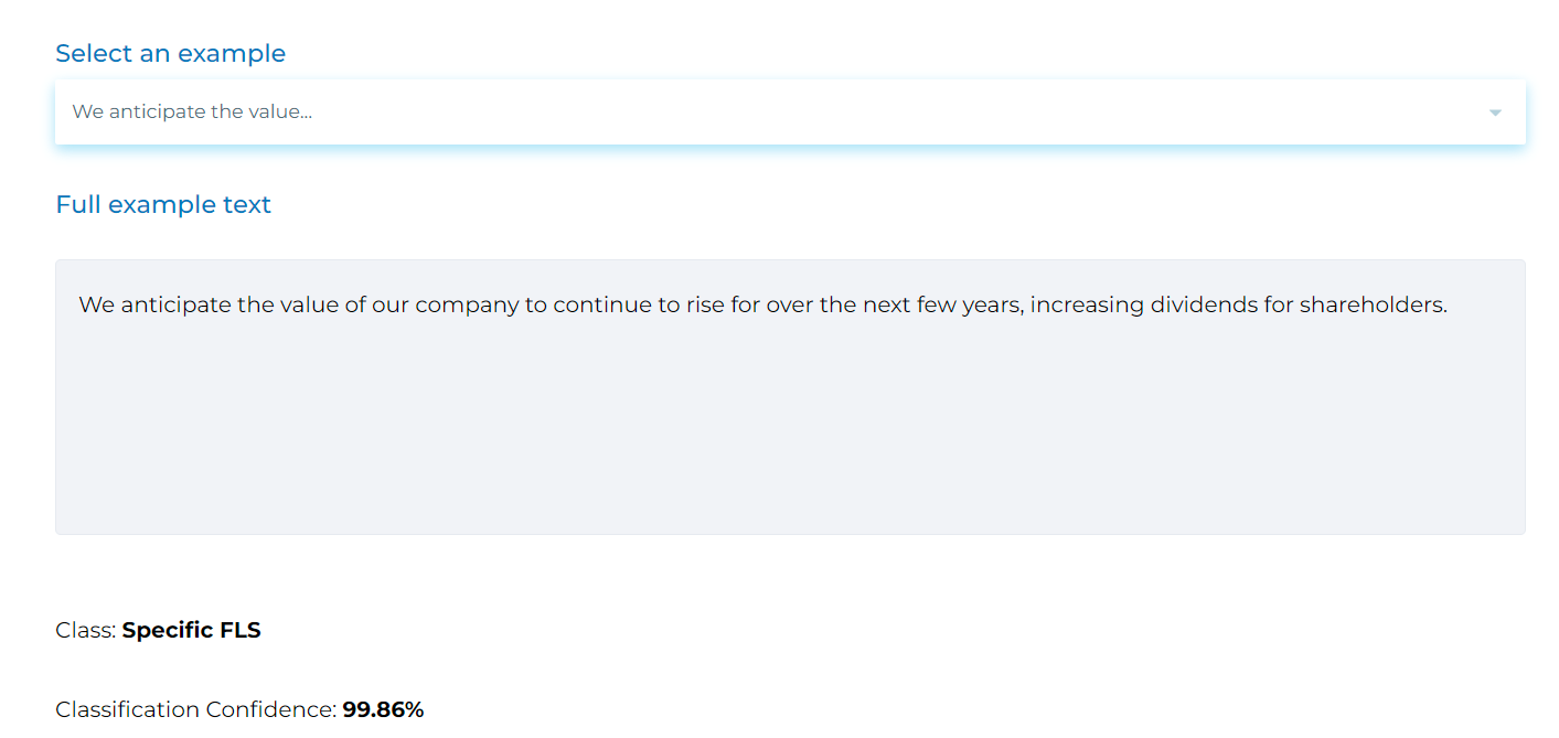 Use case of NLP in finance: high confidence text classification. The text has been classified as specific Forward Looking Statements text.