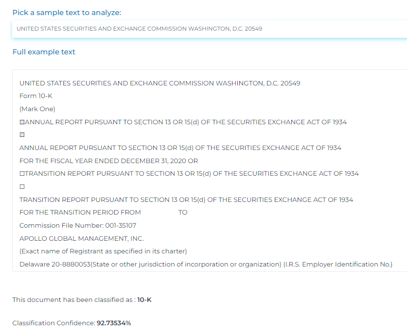 Use case of NLP for finance and banking: model classifies SEC filings such as 10-K,10-Q, 8-K, etc.