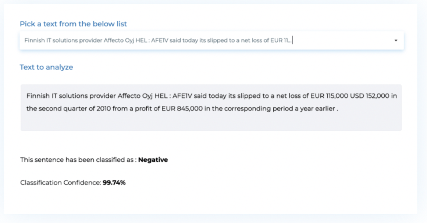 NLP sentiment analysis example: model identified negative sentence in financial news.