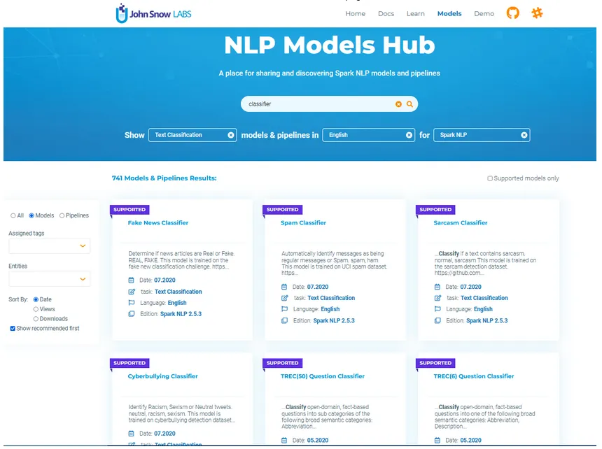Screenshot shows the Fake News Classifier model on the Models Hub page.