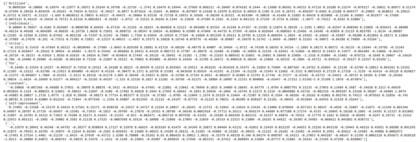 All the embeddings (100 dimension) for the tokens.