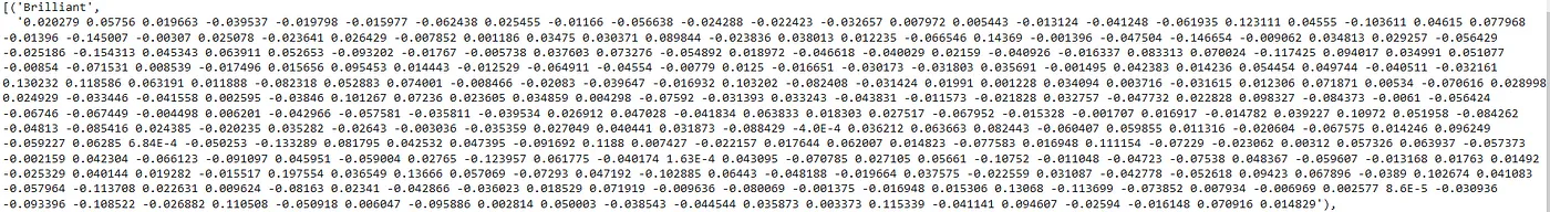 LightPipeline results showing all the embeddings (300 dimension) for the first token.