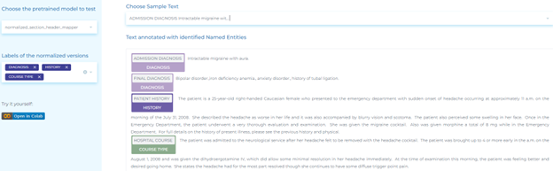 Clinical NLP for mapping section headers of the clinical visit data to their normalized versions.