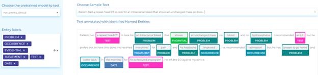 Clinical NLP for Automatically identifying a variety of clinical events such as Problems, Tests, Treatments, Admissions or Discharges.