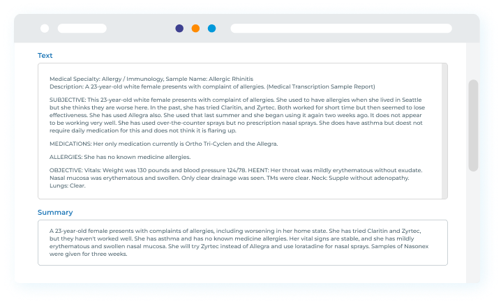 Clinical AI solutions. Example how algorithm summarizes clinical notes. Summarize your findings of a clinical interview with clinical NLP model