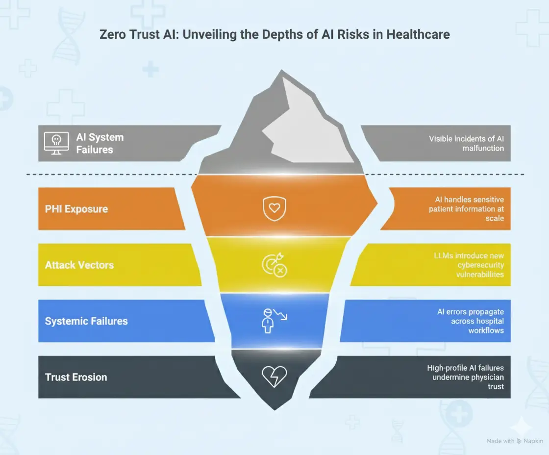 Iceberg diagram illustrating hidden AI risks in healthcare, including PHI exposure, attack vectors, systemic failures, and trust erosion. Iceberg showing visible AI failures and hidden healthcare risks, including PHI exposure, LLM attack vectors, systemic failures, and trust erosion.