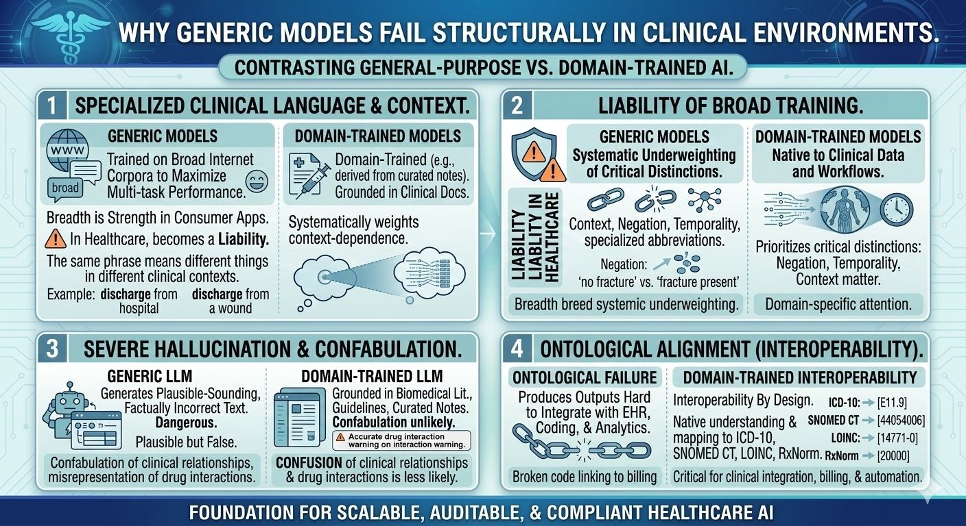 Infographic comparing why generic AI models fail in healthcare versus domain‑trained models, focusing on clinical language, training liability, hallucination risks, and interoperability. Infographic comparing why generic AI models fail in healthcare versus domain‑trained models, focusing on clinical language, training liability, hallucination risks, and interoperability.