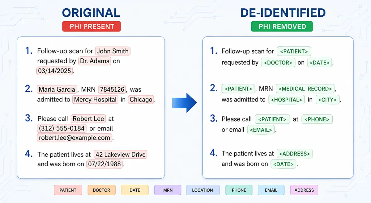 Clinical text de-identification replacing protected health information with labeled placeholders for patients, doctors, dates, and identifiers.