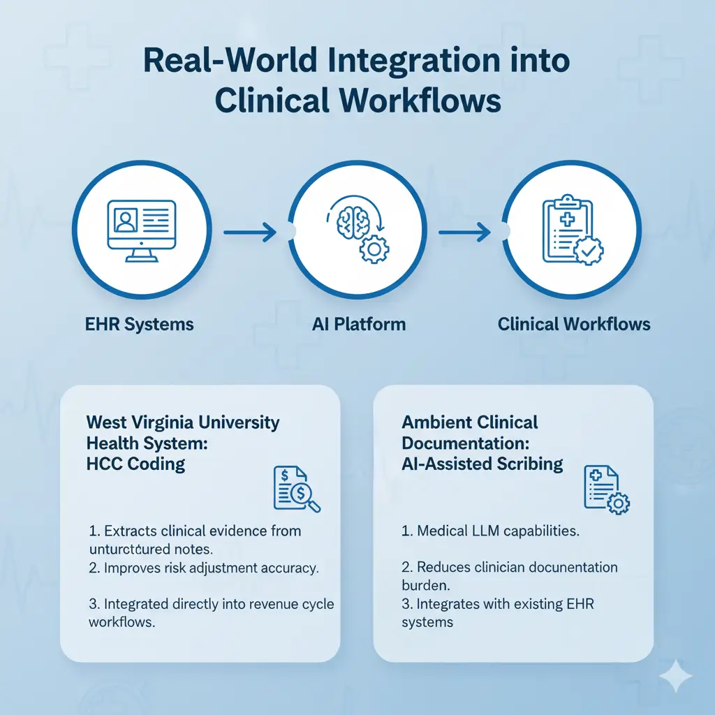 Healthcare AI integration connecting EHR systems with clinical workflows for HCC coding and AI-assisted documentation.