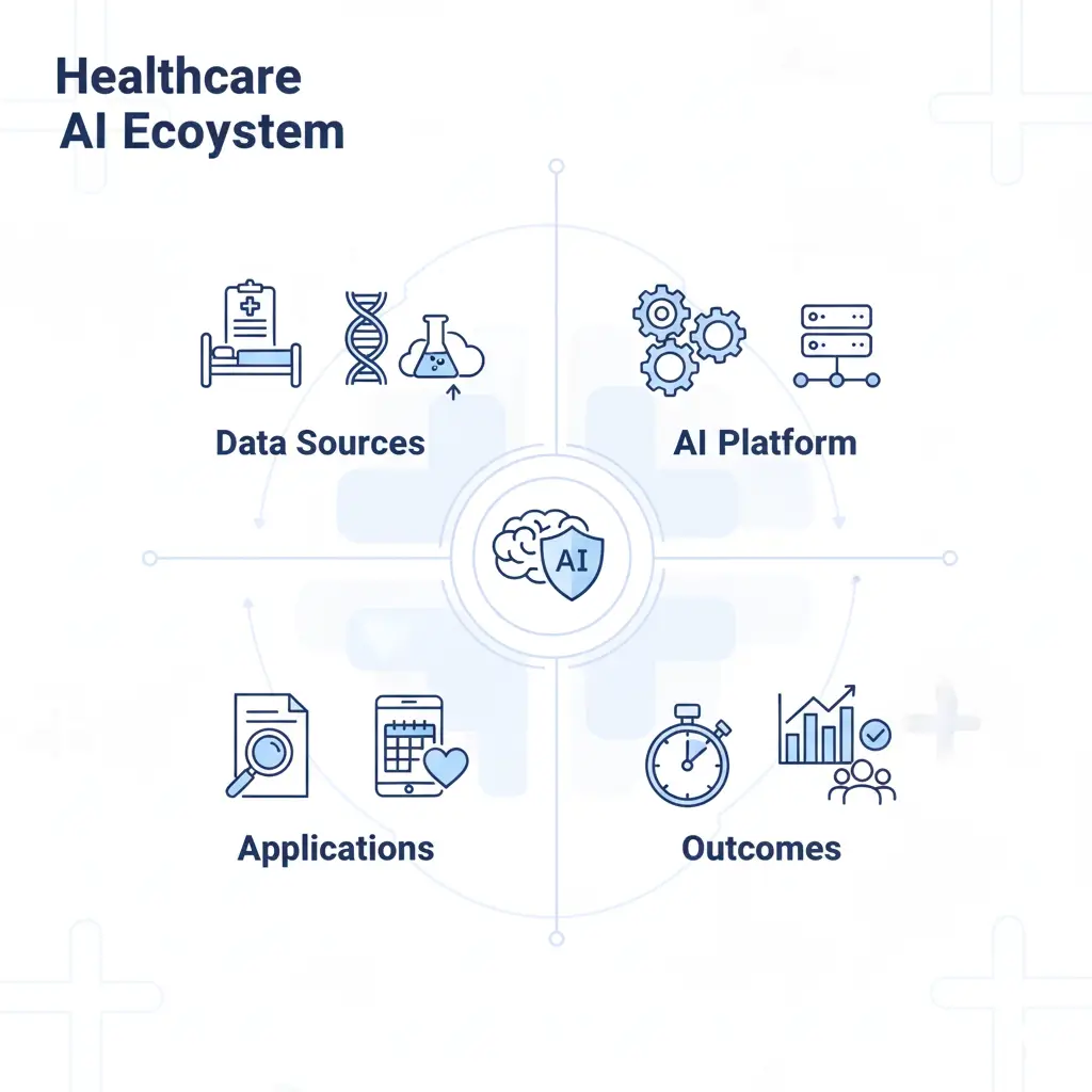 Healthcare AI ecosystem connecting data sources, AI platforms, applications, and clinical outcomes.